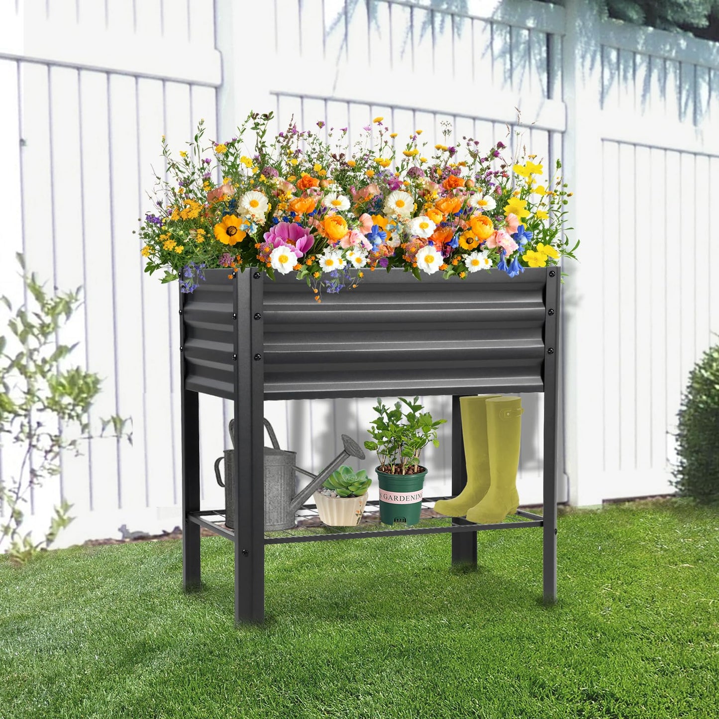 Veezyo Raised Garden Bed with Legs and Shelf, 2pcs 32"x20"x31.5" Powder Coated Elevated Metal Planter with Legs for Outdoor Vegetables, Standing Raised Beds for Balcony, Patio, Lawn and Backyard