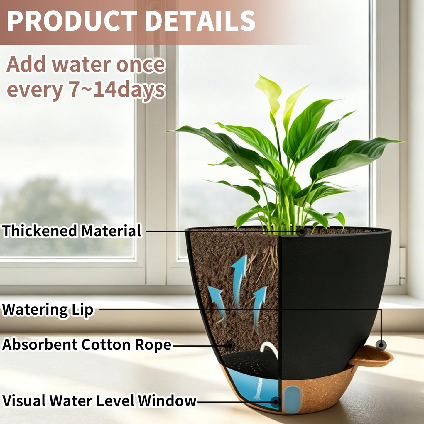 MNKXL 12"/10"/9"/8" Self Watering Pots with Visual Water Window,Extra Large Self Watering Plant Pots with Drainage Holes & Saucers,Black Planters for Indoor Plants,4-Pack