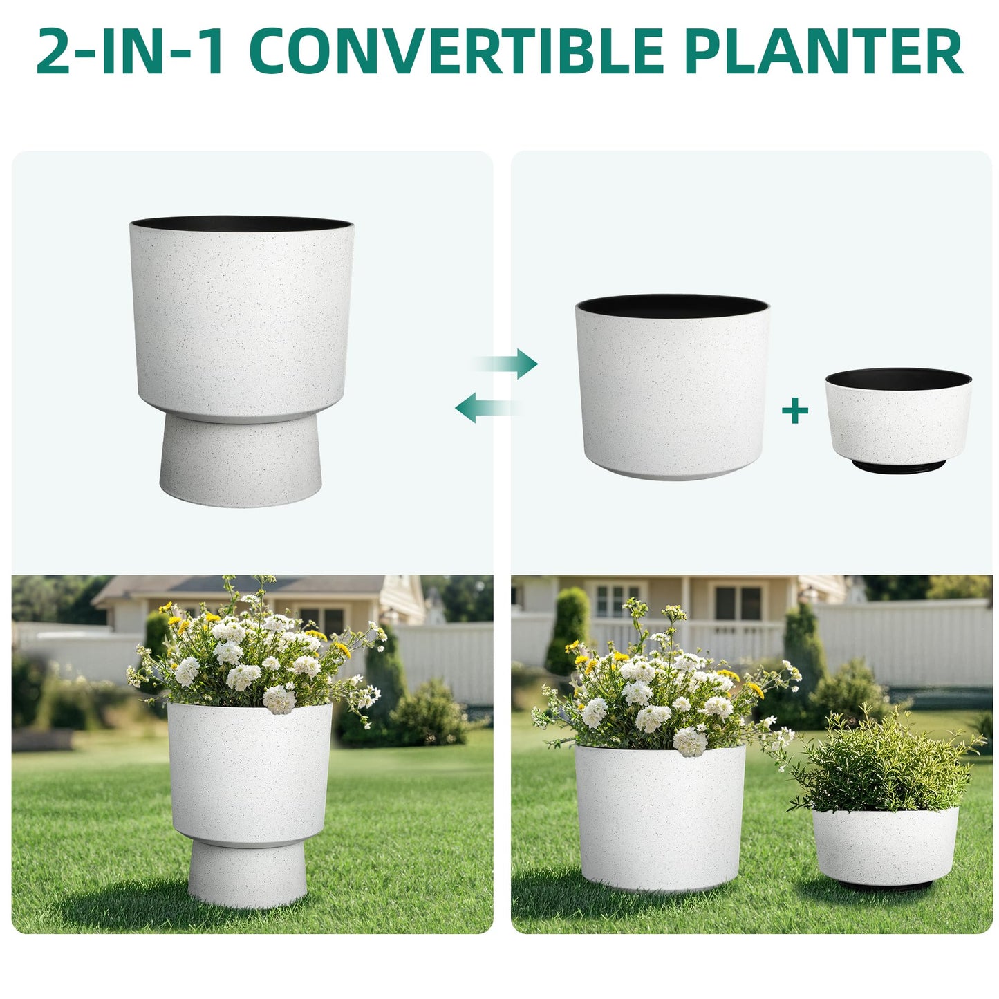 Autodaya 16.75" Tall Pedestal Planters Set of 2, Modern 2-in-1 White Terrazzo Urn-Style Flower Pots, UV-Protected Large Plant Containers for Indoor/Outdoor Garden Patio Balcony Decor