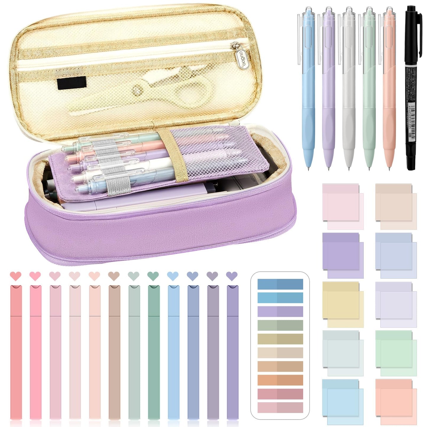 Jutom 39 Pcs Aesthetic Book Annotation Kit Highlighter with Case Bag Gel Pen Transparent Sticky Note Taking Bible Supplies(Purple,Cute Style)