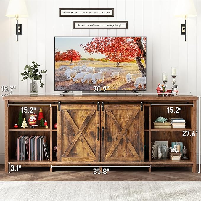 70" Farmhouse TV Stands for 70 75 80inch TV w/Adjustable Shelves, Sliding Barn