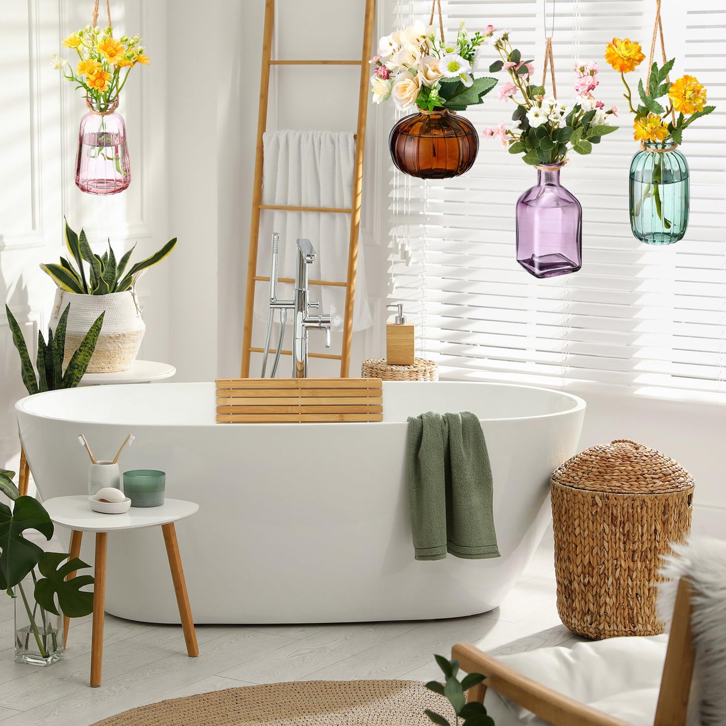 Wonderjune 4 Pcs Stained Glass Hanging Vases Hanging Glass Planters Small Plant Terrarium Pot Containers with Rope for Garden Home Indoor Outdoor Decor, 4 Styles (Fashionable)