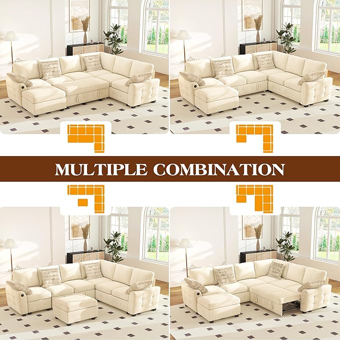 Ihanherry 106-inch Large L-Shaped Sectional Sofa Bed, 7-Seater Convertible Pull