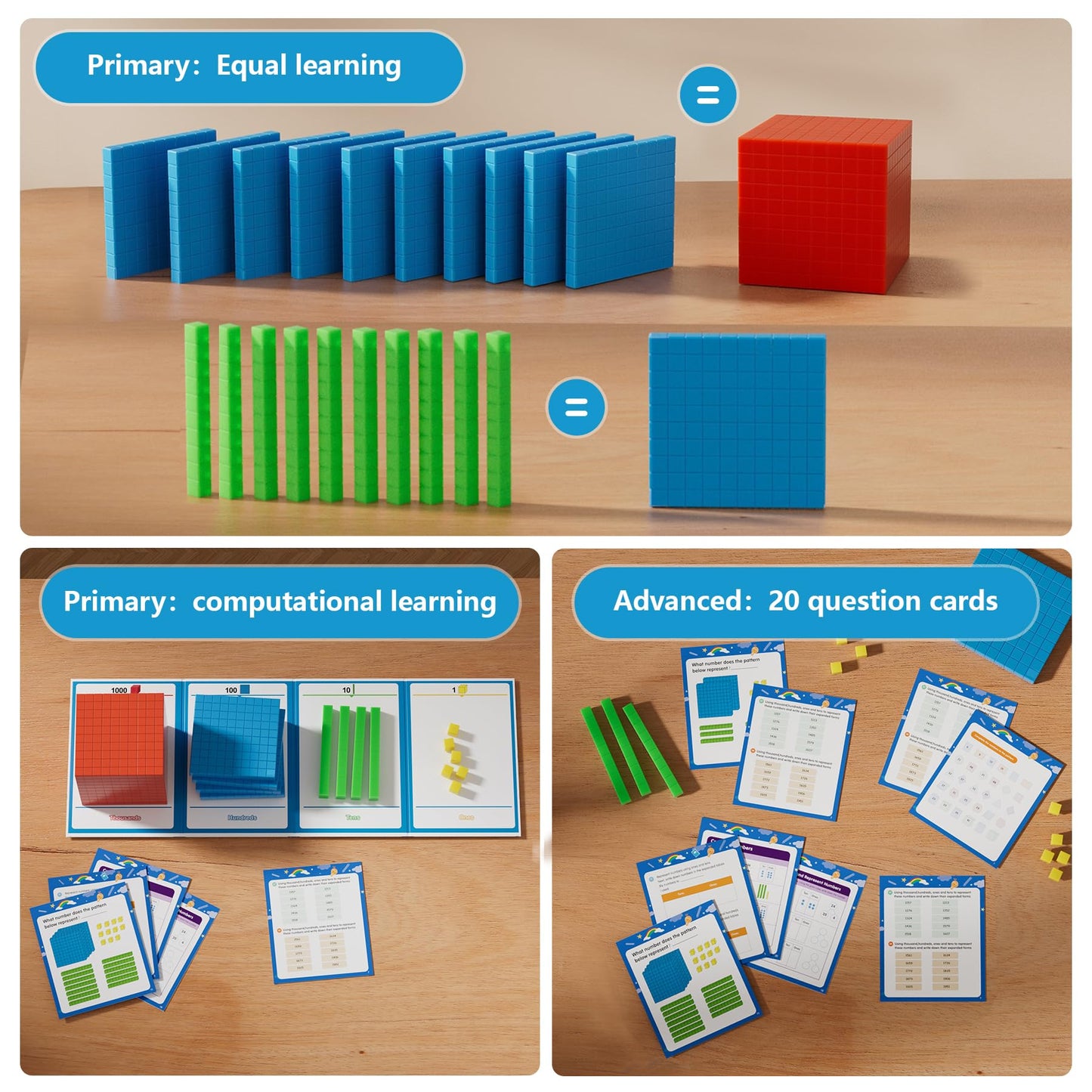 TOMMYHOME Base Ten Blocks with Place Value Chart - Math Manipulatives for Kids.Counting Blocks for Math to Help Educate Kindergarten Teachers.