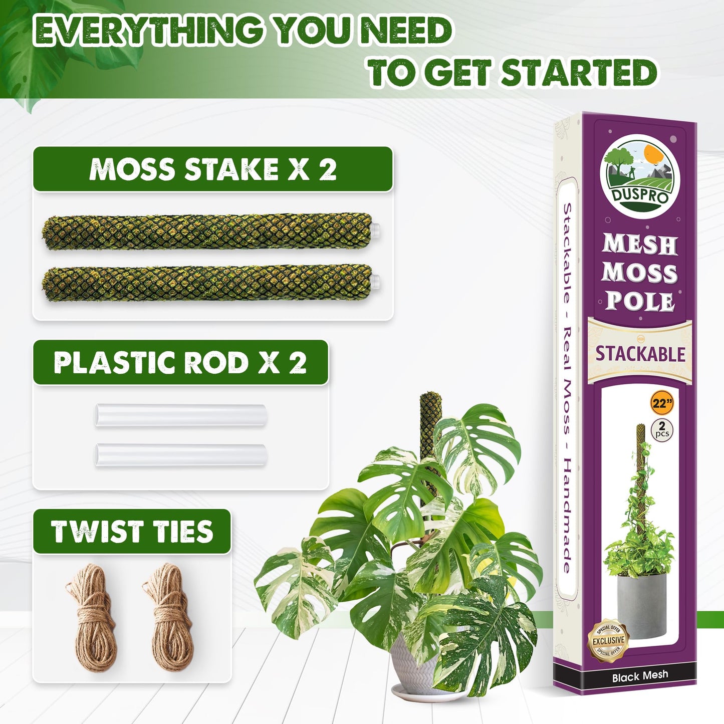 DUSPRO 2 Pack 22" Black Stackable Mesh Moss Pole for Plants – Extendable Up to 39", Natural Forest Moss Pole Monstera Plant Support, Moss Stick for Climbing Plants, Indoor Plant Stakes Accessories