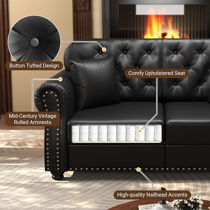 KEIKI 63" Faux Leather Chesterfield Sofa