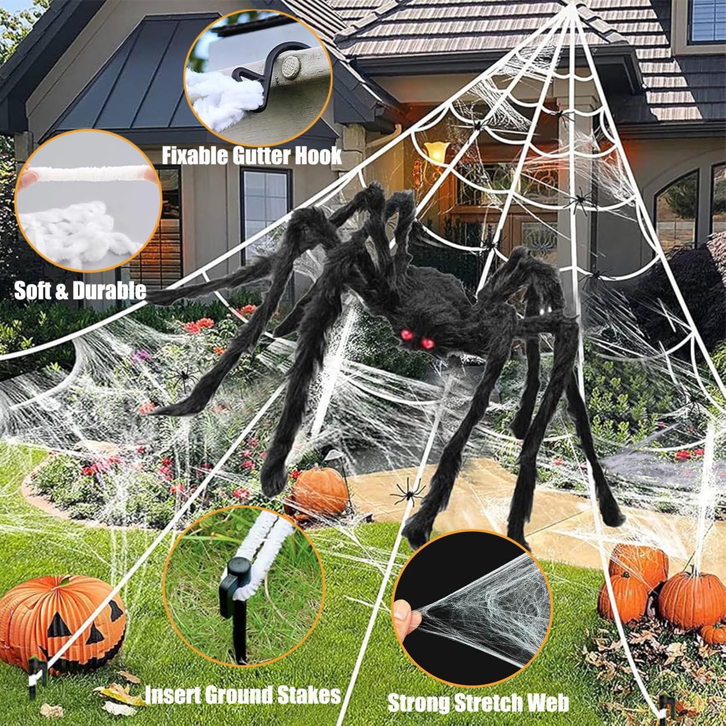 Newar Halloween Giant Spider Webs Decorations Outdoor, 276" Triangle Giant Spider Web + 59" Scary Big Spider + 20Pcs Small Spiders + 40g Stretch Cobwebs for Yard Porch Garden Haunted House Decor