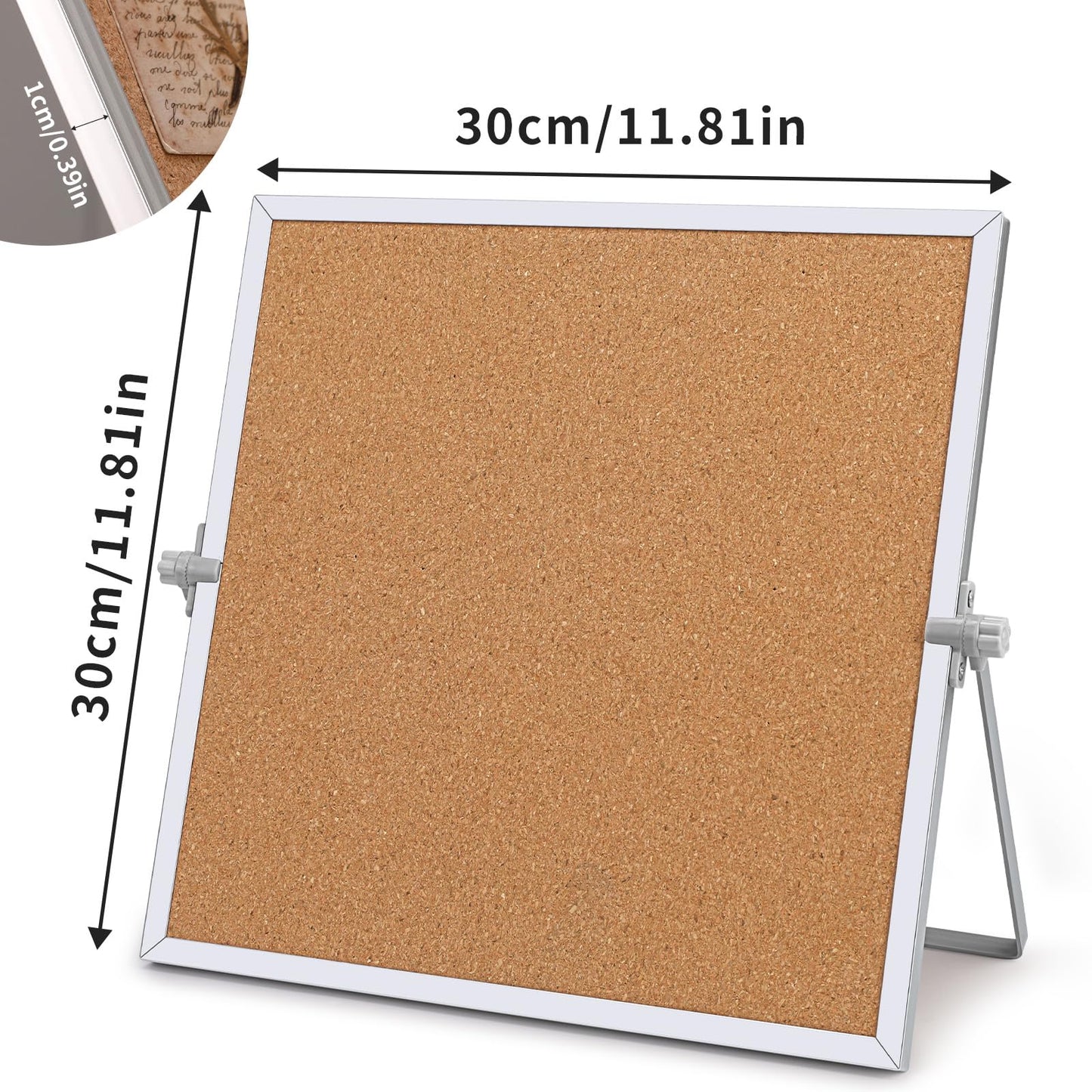 kdafio 11.81"×11.81" Cork Board Bulletin Board, Double Sided Pin Board with Silver Aluminum Border, Desktop Small Cork Board with Stand Suitable for Home, Office, Desk Message Board or Picture Board