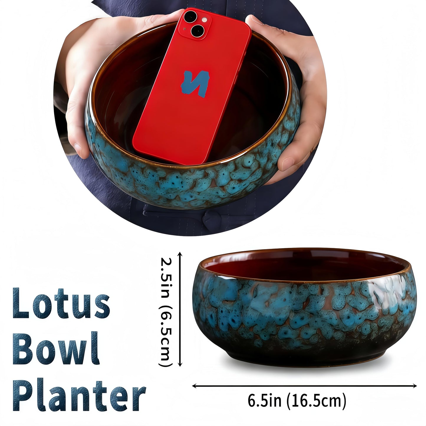 Lotus Bowl Planter, Lotus Bowls for Planting in Water Indoors, Bonsai Bowl Lotus Flower Seeds, Ceramic Planters for Indoor Plants, Applicable to Succulent Plants Hydroponic Plant. (Kiln Turning Blue)