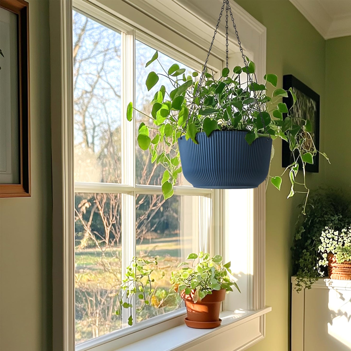 T4U 12 Inch Large Hanging Planters for Outdoor Plants, 2 Pack Self Watering Pots Indoor, Hanging Baskets for Plants,Hanging Flower Pot with Drainage Hole and Plant Hanger, Blue