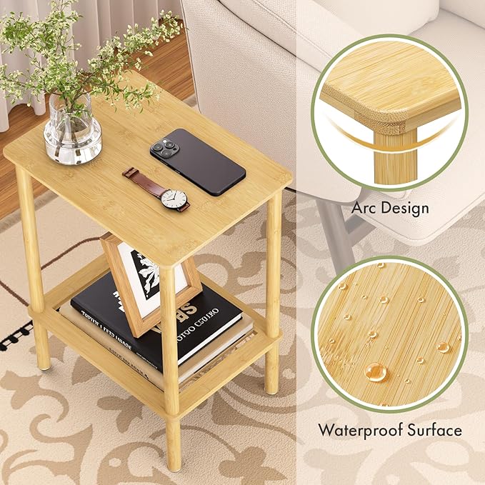 2 Tier Bamboo End Table, Narrow Side Table
