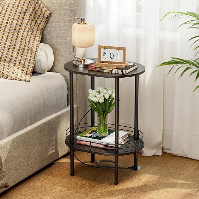 DGSANDGO Side Table with Charging Station, Side Tables Living Room, Nightstand