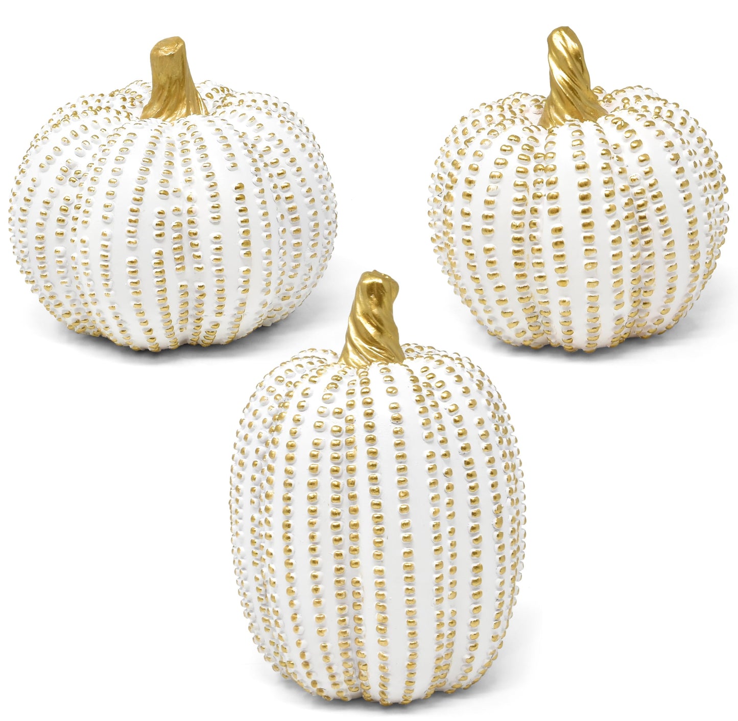 Gift Boutique Set of 3 White Gold Beaded Pumpkins Fall Harvest Home Décor for Thanksgiving Tabletop, Mantle, Shelf, Kitchen, Office, Tiered Tray