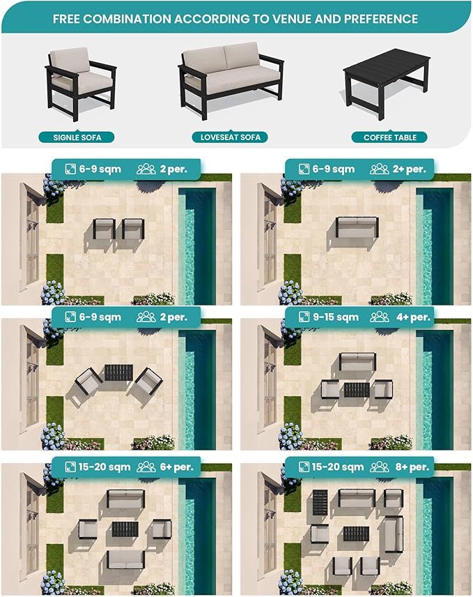SERWALL 4-Piece Outdoor Patio Sofa Set, HDPE All-Weather Loveseat Sofa
