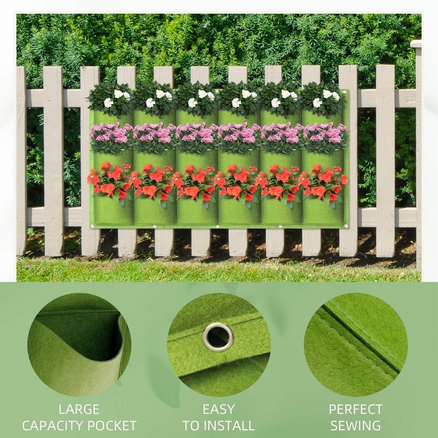 LITLANDSTAR 18 Pockets Hanging Grow Bags, 2 Pack Horizontal Wall Planter Plant Grow Bags Outdoor Indoor Hanging Planter for Balcony/Railing/Fence/Yard/Garden/Home Decoration, Green