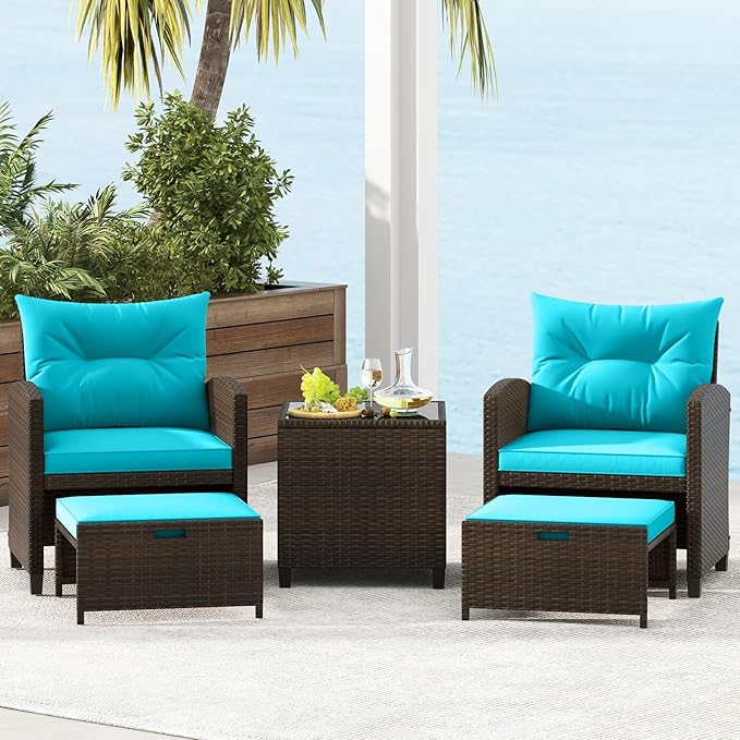 Tangkula 5 Pieces Patio Conversation Set, PE Wicker Outdoor Furniture Set