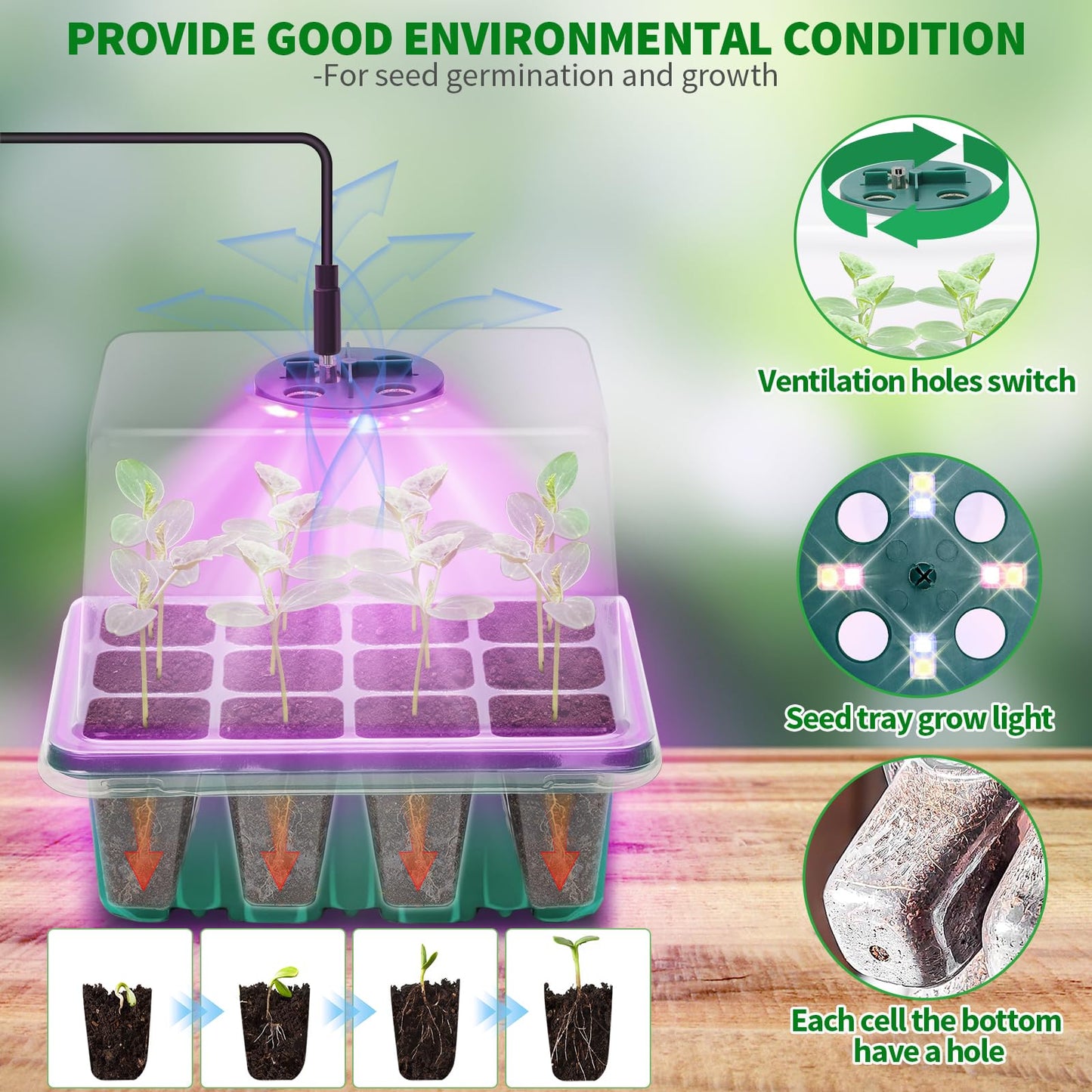 Qoolife Seed Starter Tray with Plant Light, 4 Pack Grow Lights for Seed Starting Kit with Humidity Domes, Timing Controller Adjustable Brightness for Greenhouse Propagator Station Planting Growing