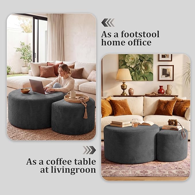 BSHOMGI Boneless Ottoman Nesting Coffee Table Set of 2, Corduroy Soft Foot Rest