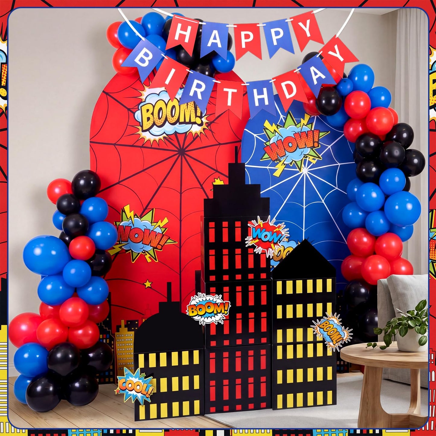 Outus 48 Pcs Spider Web Arch Backdrop Cover Balloons Skyscraper City Boxes Set 7.2ft/6ft Birthday Party Decorations for Photo Props Indoor Outdoor Cosplay Wedding Baby Shower Halloween Backdrop Decor
