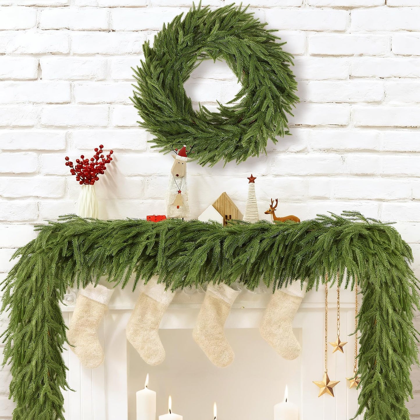 2 PCS 6FT Artificial Norfolk Pine Garlands - Real Touch Winter Pine Garland, Green Artificial Greenery Garland for Mantle, Table, Wall, Indoor & Outdoor Fireplace Christmas Decorations