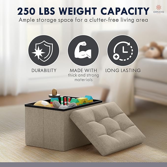 Ornavo Home Small Storage Ottoman, Foldable Collapsible Rectangle Linen Ottoman