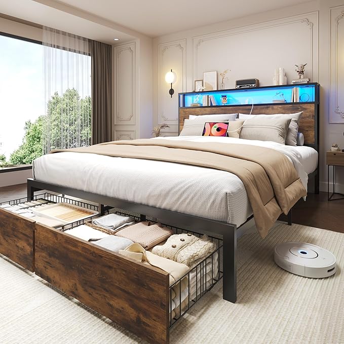 Lifezone Full Bed Frame with 2-Tier Storage Headboard, Metal Bed Frame with