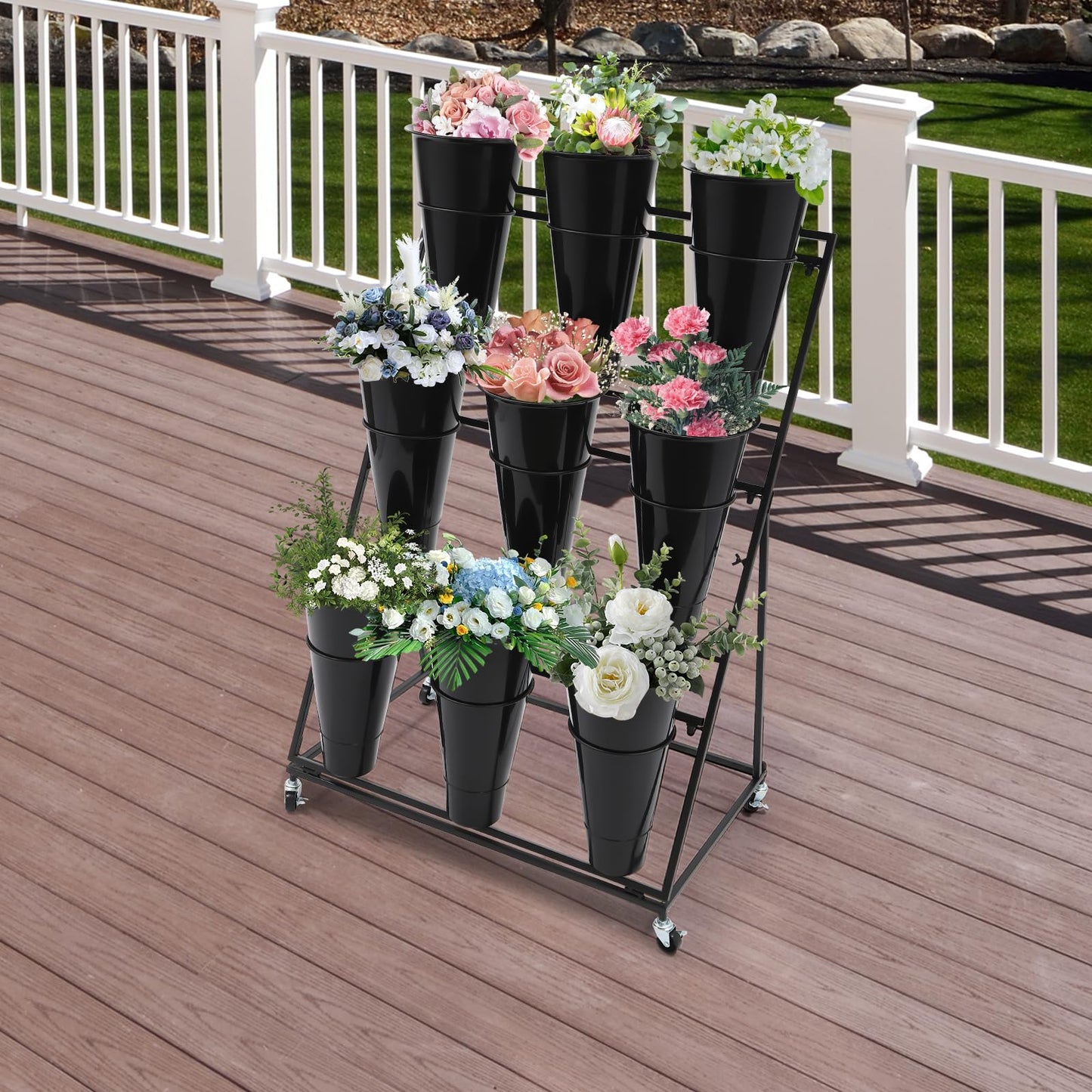 lxrnqcey Flower Display Stand, Moving Plant Cart Shelf Indoor Outdoor Flower Rack with 9Pcs Buckets, 3 Layers Metal Plant Holder with Wheels for Patio Balcony Garden (Black)