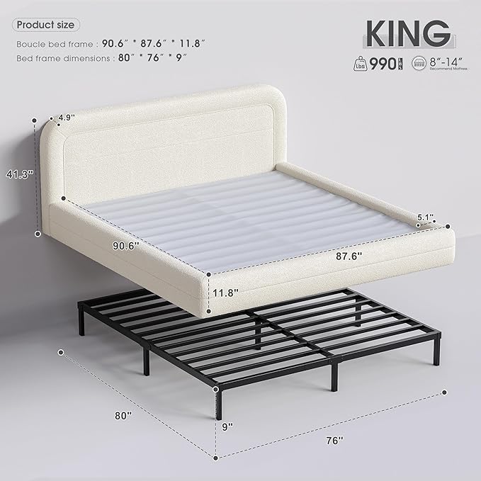 Homkdom Cloud Bed Frame and Headboard, Upholstered Soft King Size Bed Frame
