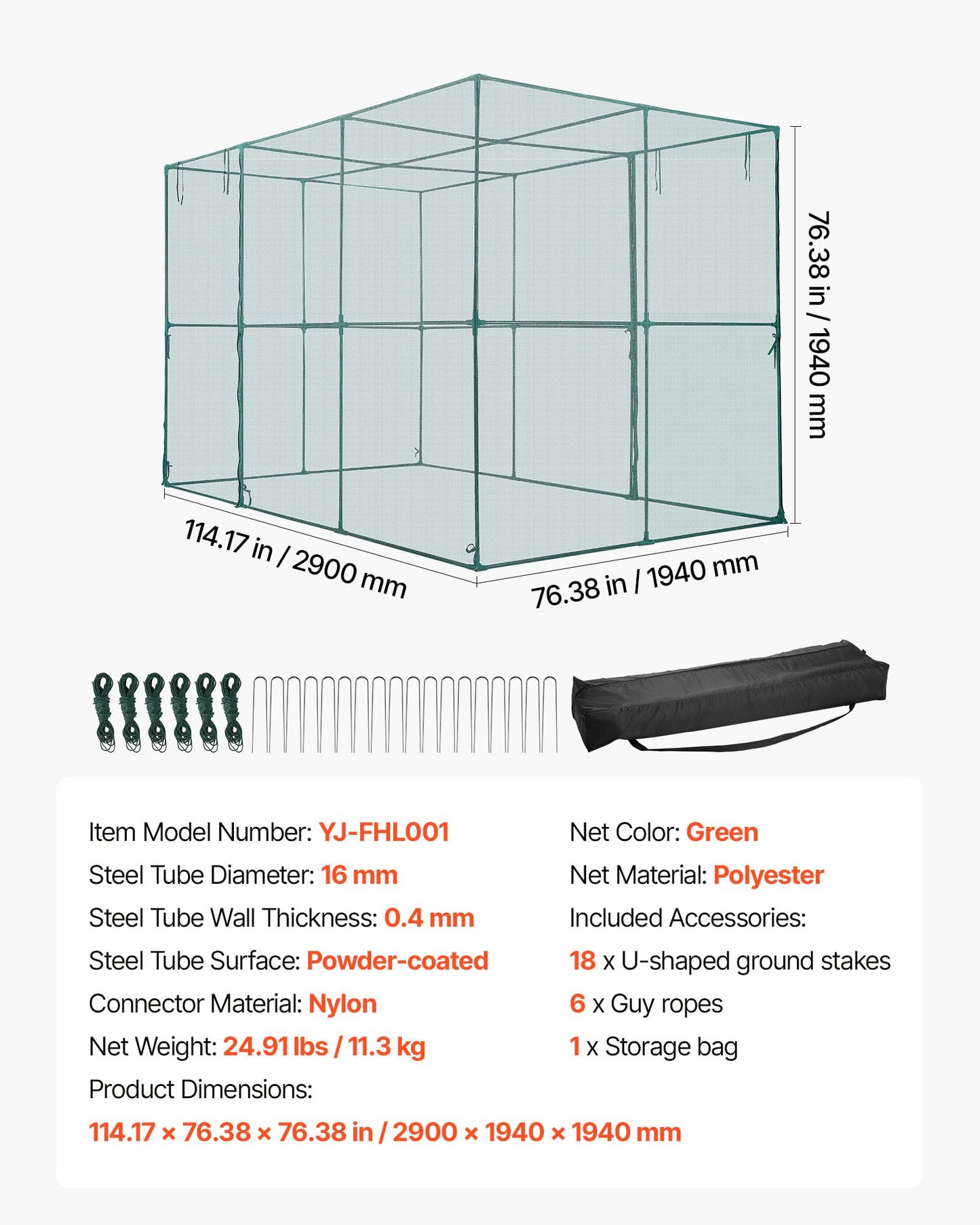 VEVOR Crop Cage, 9.5 x 6.36 x 6.36 ft Plant Protection Tent with Zippered Door, Wind-Resistant Tall Crop Cage, Easy to Install, Outdoor Raised Bed Cover, Tomato Plant Netting for Garden Patio Lawn