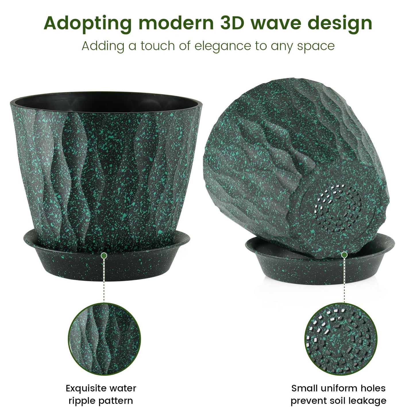 Meowell 7 inch Plant Pots for Indoor Outdoor Plants, 5 Pack Thick Flower Pots with Drainage Holes and Saucers, 3D Modern Wave Texture Plastic Planter Nursery Pots, Black with Green Speckles
