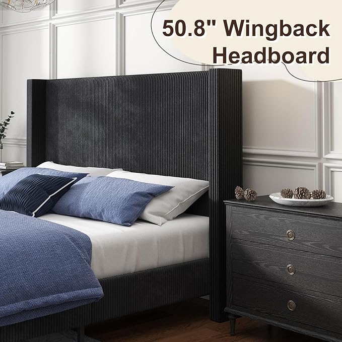 HOWE Queen Size Bed Frame with 50.8" Tall Wingback Headboard, Modern Corduroy