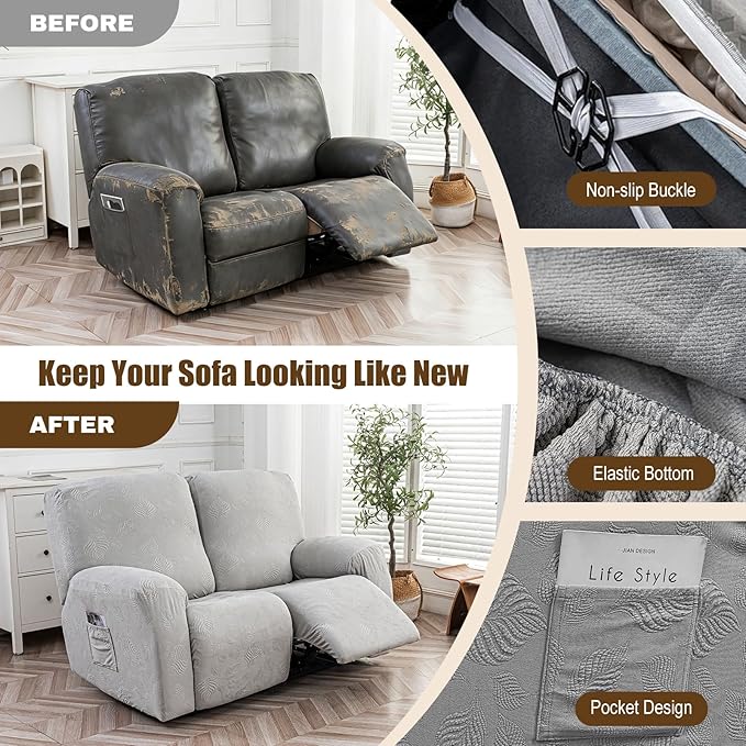 Gennia Recliner Loveseat Cover 4 Pieces, Waterproof Stretch Recliner Sofa