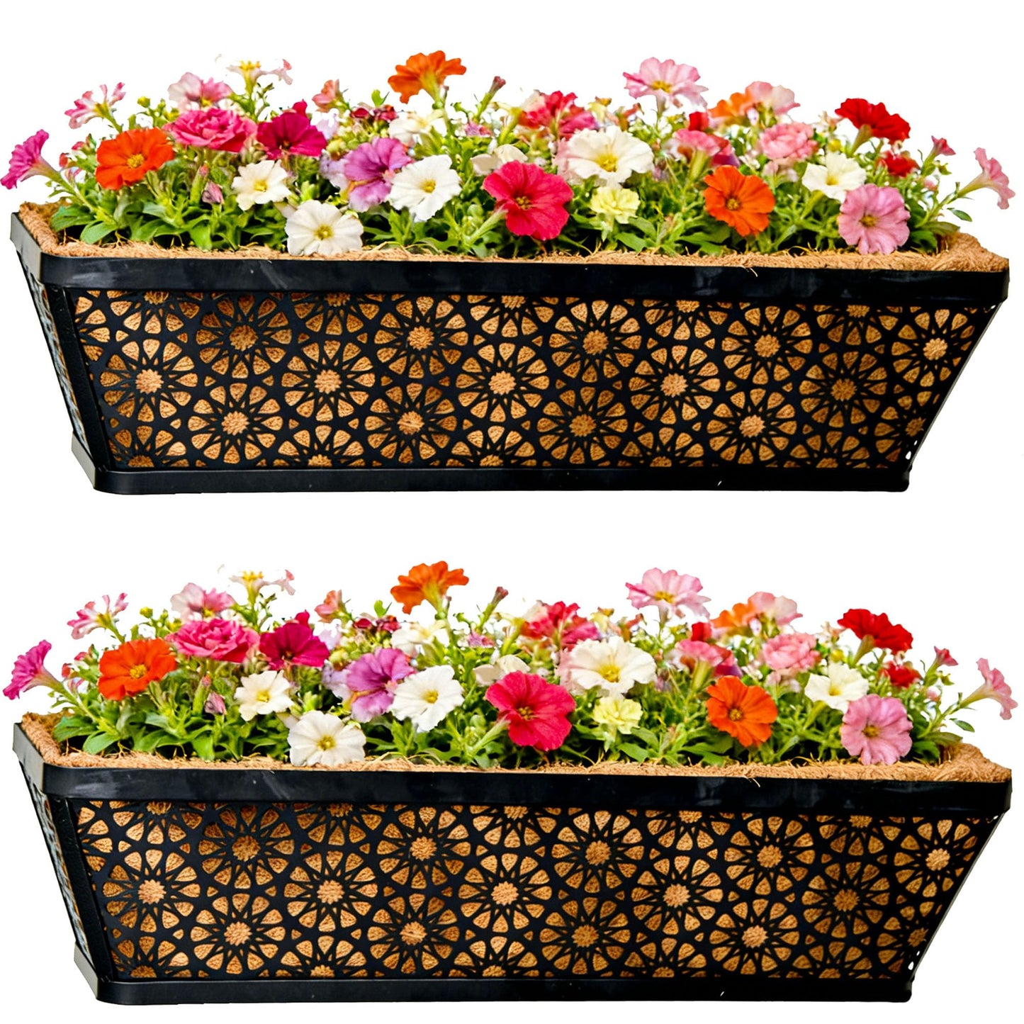 SMYAXUNW 2 Pack 24 Inch Black Metal Manger Coconut Palm Flower Pots Wall Mounted Home Flower Pot Hanging Basket Flower Pot Hanging Basket for Gardening, Balcony, Garden and Patio
