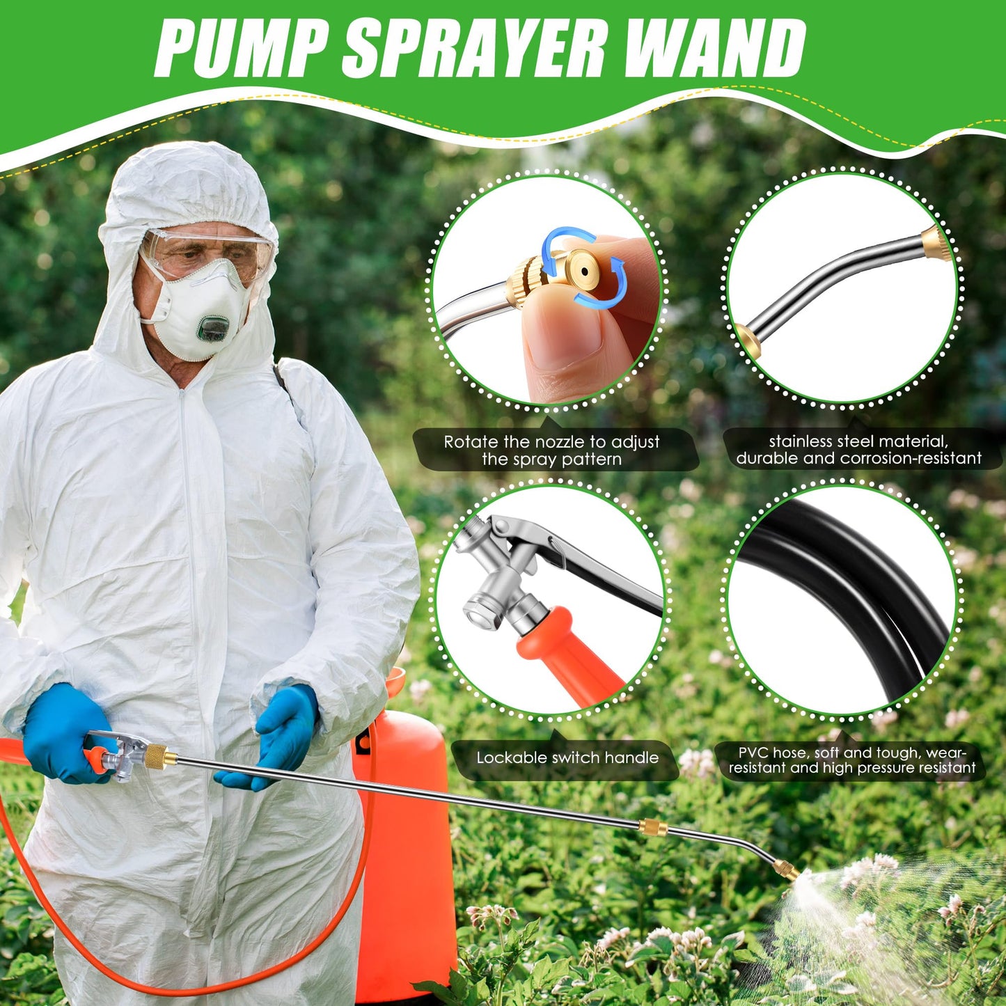 Enhon 29" All Metal Replacement Sprayer Wand, Built in Shut Valve Stainless Steel Spray Wand, Retractable Stainless Steel Pump Action Pressure Sprayer with Adjustable Nozzle & Hose