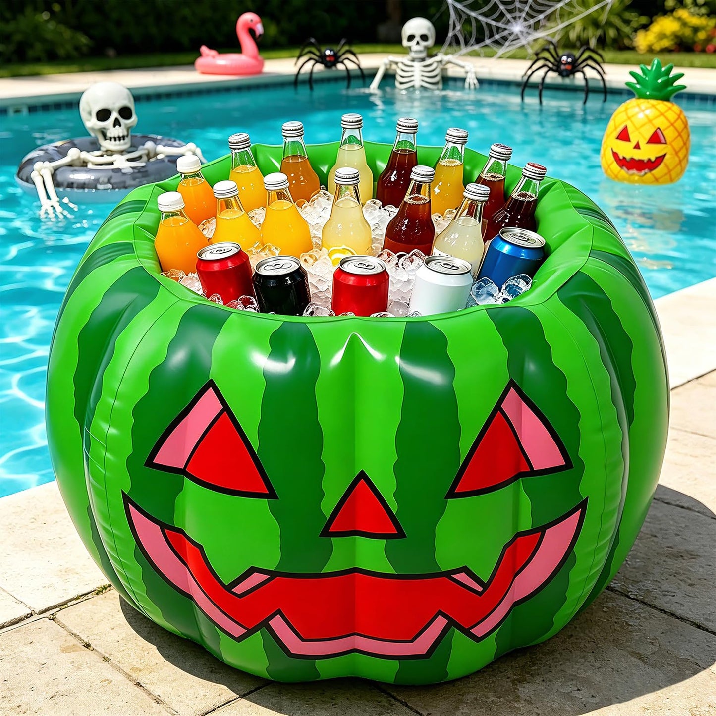 Cosweet Summer Halloween Inflatable Watermelon Cooler for Pool Party - 30" x 20" Large Spooky Blow Up Beverage Drink Cooler Ice Bucket with Drain Plug for Patio Yard Decor