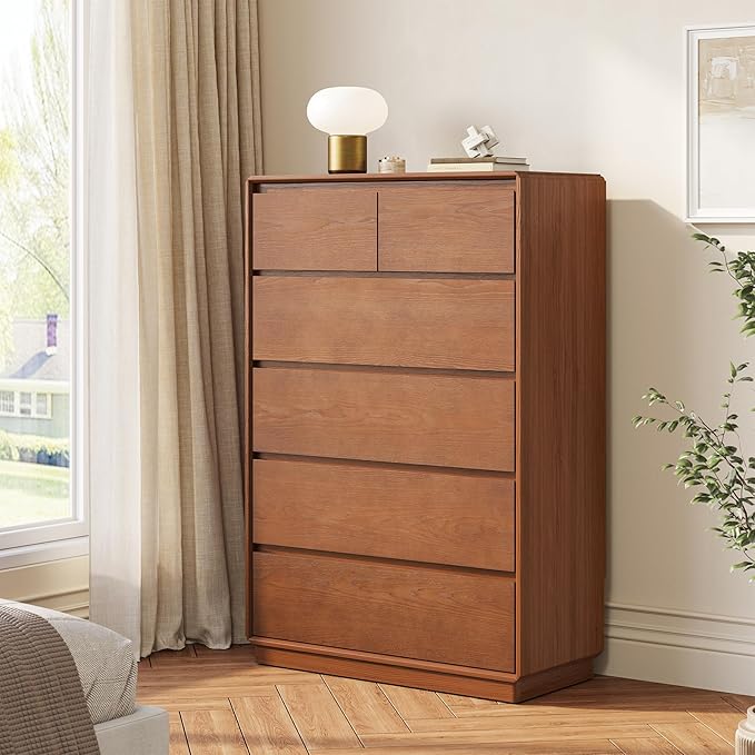 Solid Wood Dresser for Bedroom, Natural Solid Wood 6 Drawer Dresser, 45.3" Tall