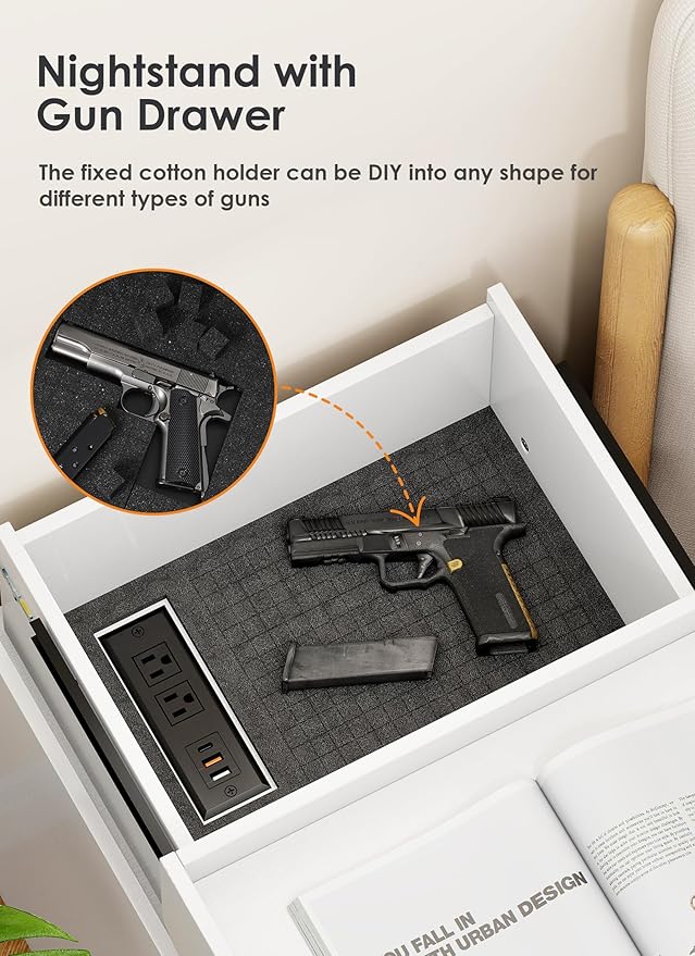 Turosur LED Night Stand with Gun Drawer, Smart Nightstand with Hidden Charging