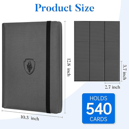 Premium 9 Pocket Card Binder for 540 Cards, Fabmaker PU Cover Trading Card Binder, Sturdy Card Collection Album, Sleek Card Holder Folders for Game Cards & Sports Cards, Grey