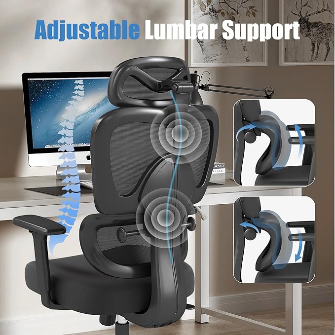 Ergonomic Office Chair with Adjustable Lumbar Support, 3D Arms and Headrest
