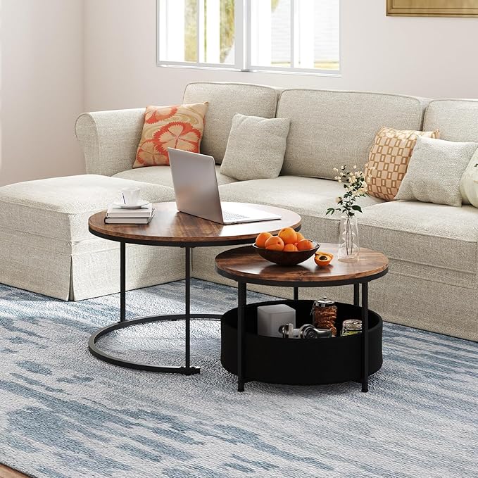 Tangkula Round Nesting Coffee Table Set of 2, Wooden Center End Table