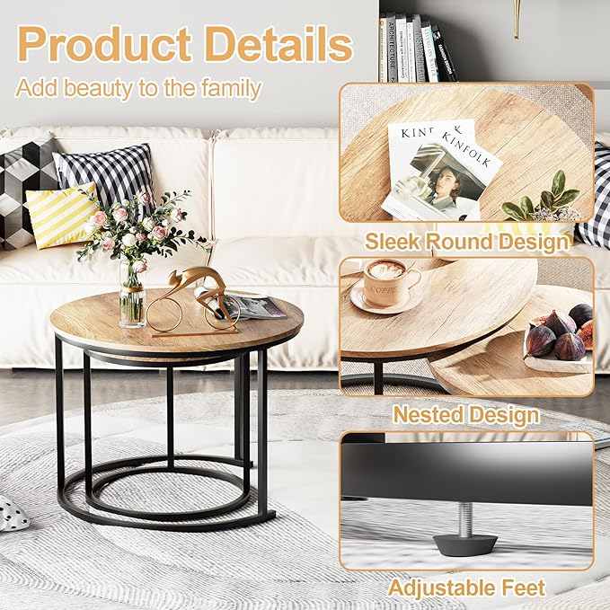 Garden 4 you Nesting Coffee Table, 23.6" Round Coffee Table Set of 2, Wooden