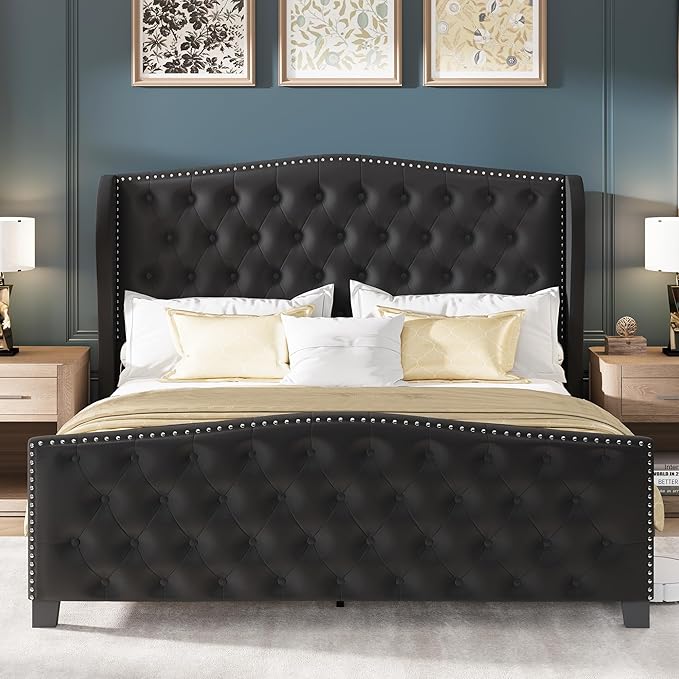 LARMACE Queen Size Bed Frame Velvet Upholstered Platform Bed