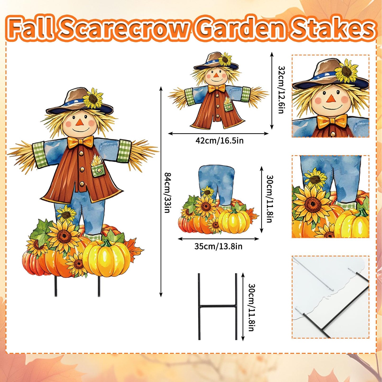 JarThenaAMCS 33" H Fall Scarecrow Metal Garden Stakes Rustic Pumpkin Pile Scarecrow Decorative Lawn Sign for Autumn Thanksgiving Home Outside Lawn Porch Decor