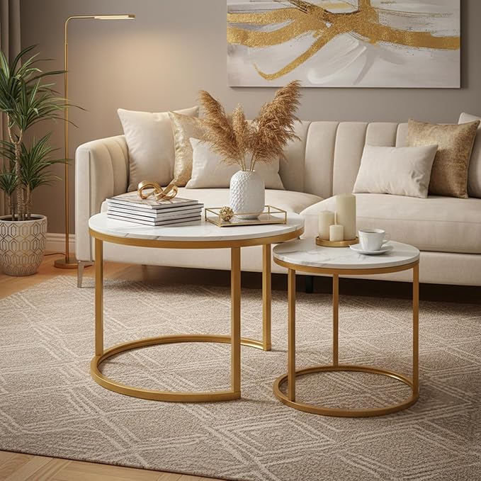Homy Casa 23.6inch Round Coffee Table Set of 2, Modern Nesting Coffee Tables