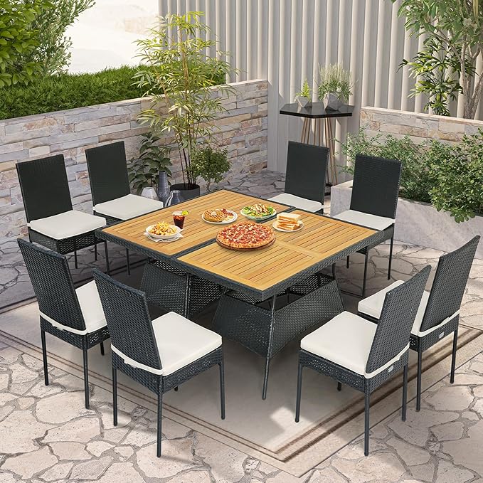 Tangkula 10 Piece Wicker Patio Dining Set, Outdoor Rattan Table & Chairs Set