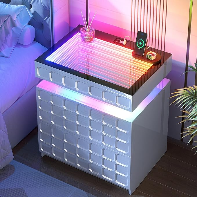 Night Stand with Charging Station and Smart RGB Lights, LED Nightstand with
