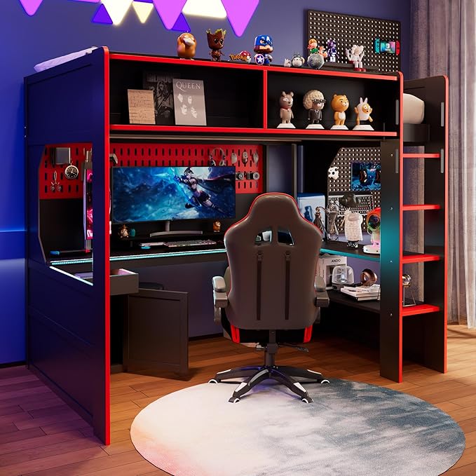 Modern Gaming Loft Bed with Built-in Desk, LED Lighting & Charging Hub –Twin