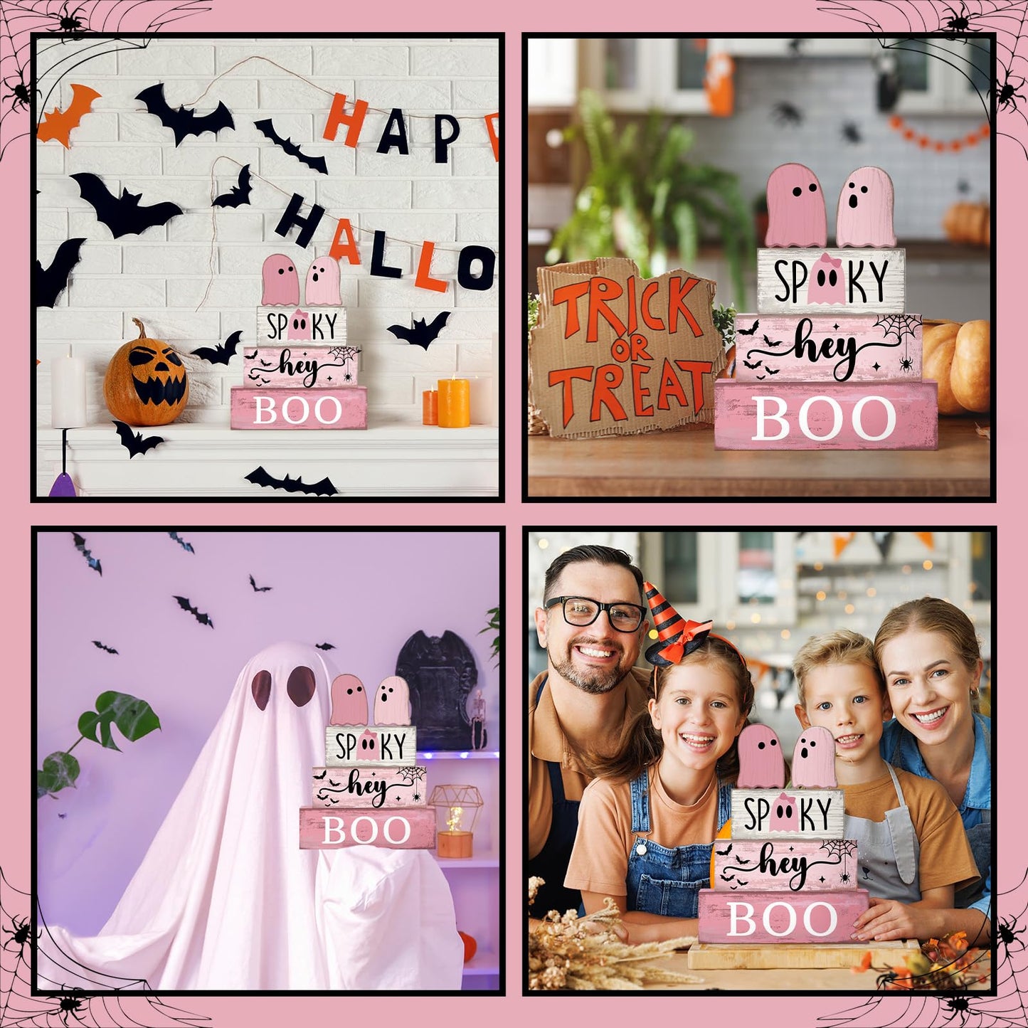 Lineshading 4 Pcs Pink Halloween Decor Ghost Table Decorations Halloween Tiered Tray Decor Farmhouse Ghost Tabletop Centerpiece Rustic Pink Block Sign Gift for Home Kitchen Shelf Office Mantel