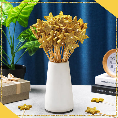 Suzile 60 Pcs Golden Star Floral Pick 8'' Star Centerpiece Table Decor Gold Graduation Glitter Craft Stick Sparkly Foam Stem for Floral Arrangement Wreath Wedding Bridal Baby Shower Birthday