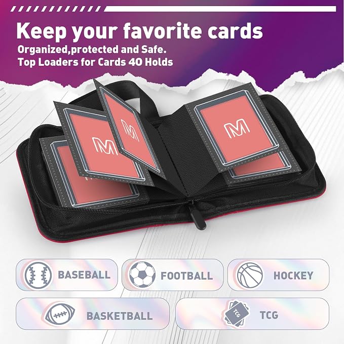 1 Pocket Toploader Binder Holds 40 Cards with 20 Sleeves Collectible Trading Card Album, for 3x4 Toploaders Hard Cases for TCG, MTG, Sports, Baseball, Football, Small Sports Card Book (1Red)